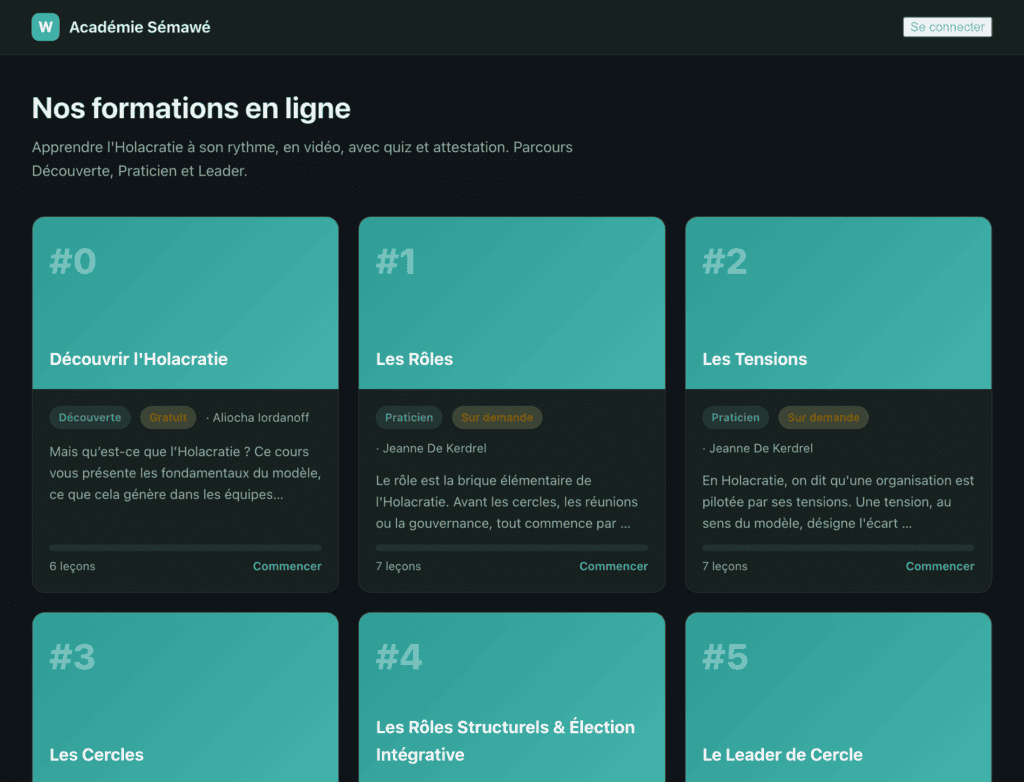 Capture d'écran de la plateforme de formations en ligne Sémawé.