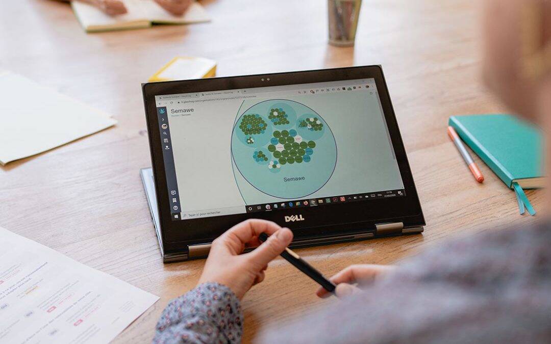 Capture d'écran d'une plateforme de gestion Holacratie sur un ordinateur portable Dell.