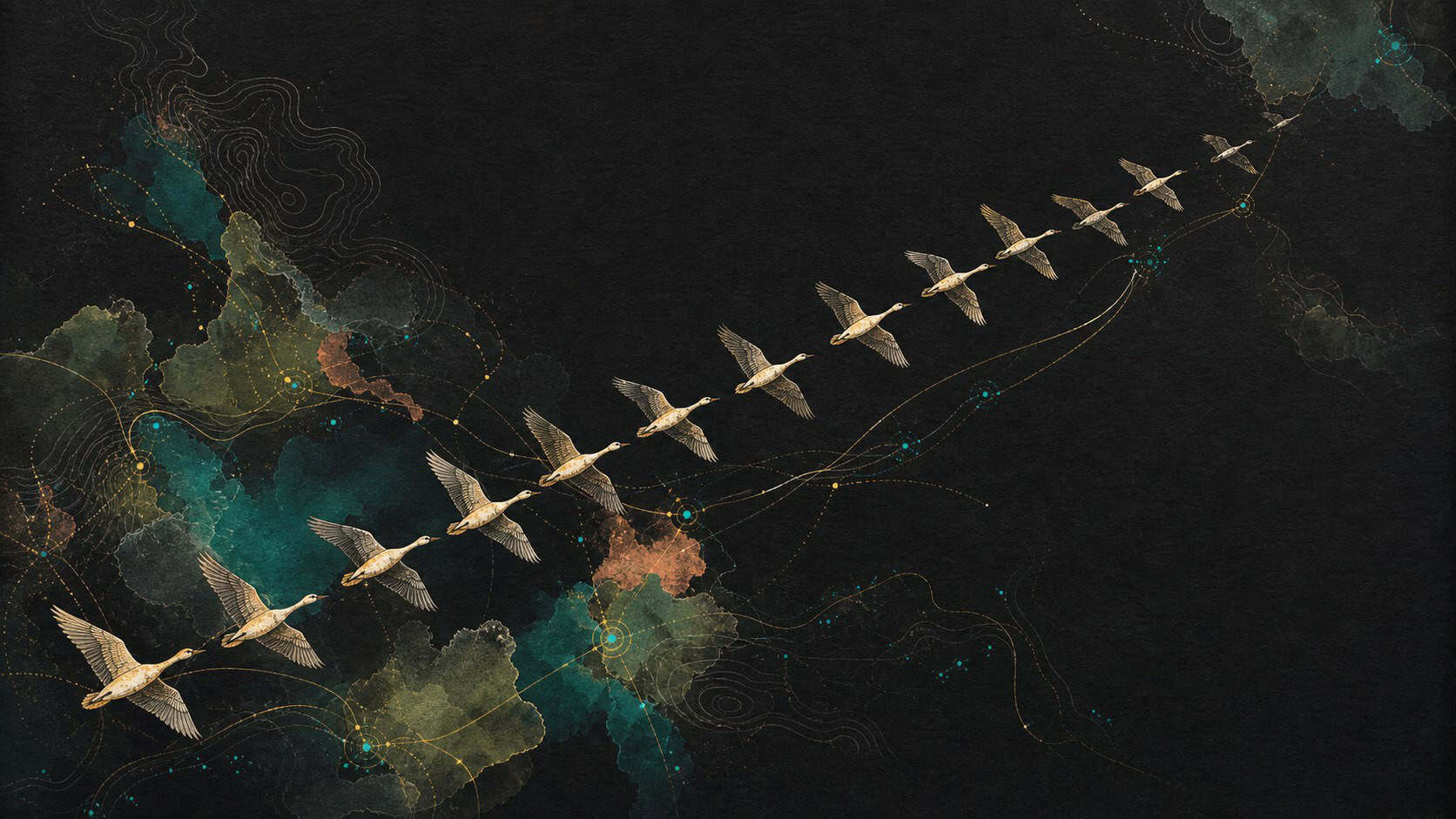 Vol coordonné d’oiseaux en formation sur fond sombre