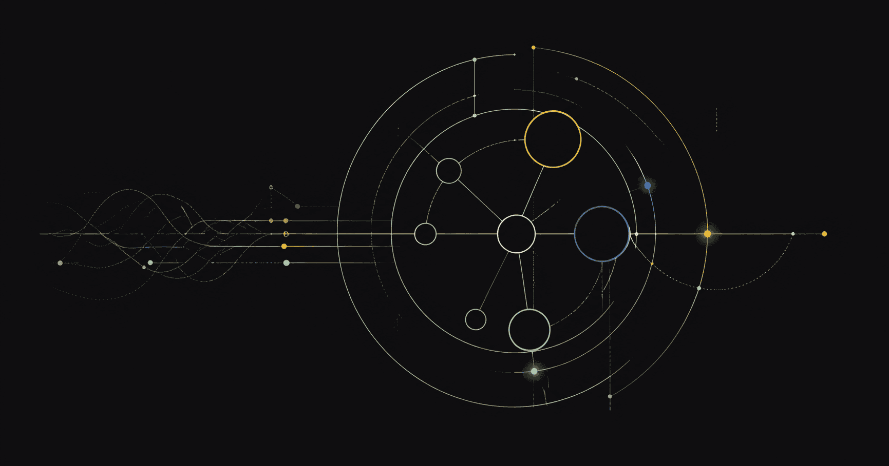 Diagramme circulaire avec lignes et points lumineux sur fond noir.