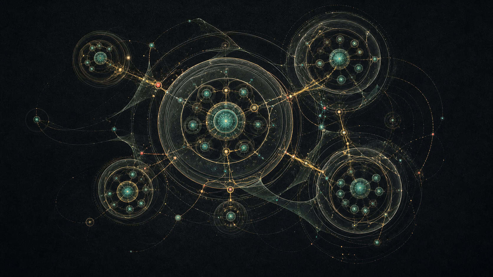 Holarchie de cercles lumineux reliés par des filaments sur fond noir
