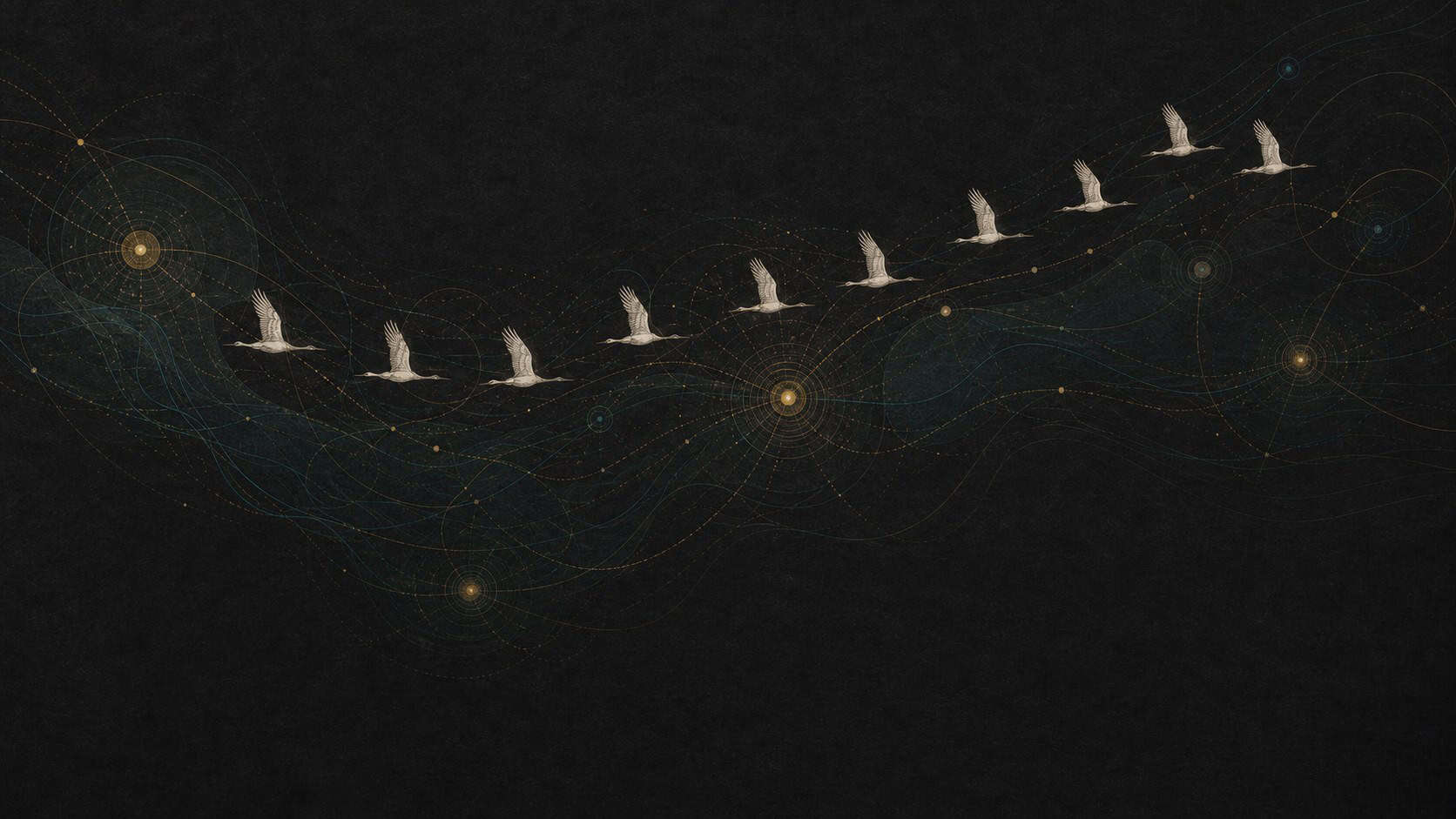 Une formation de canards volant dans un ciel étoilé.