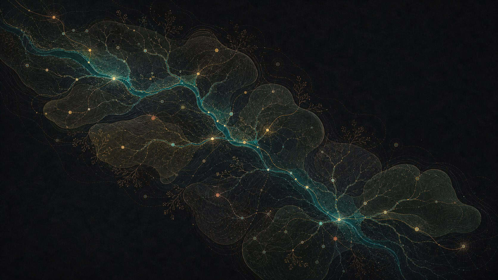Visualisation d'un réseau de connexions numériques lumineuses sur fond noir.